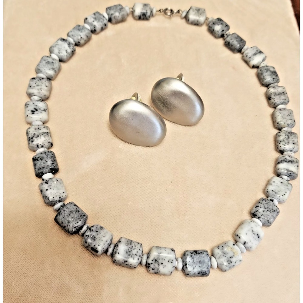 Matte Silver Clip Earrings and Rustic Gray Beaded 18" Fashion Necklace Set
